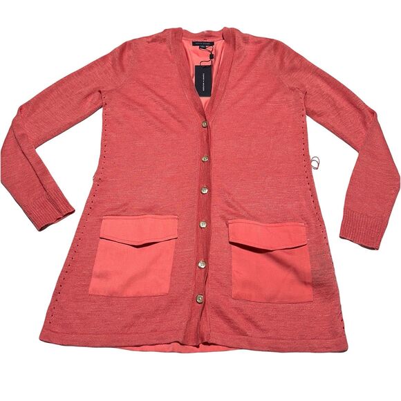 Tommy Hilfiger Cardigan Womens Size XS Pink Coral Button V-Neck Long Sleeve NWT - Picture 2 of 11